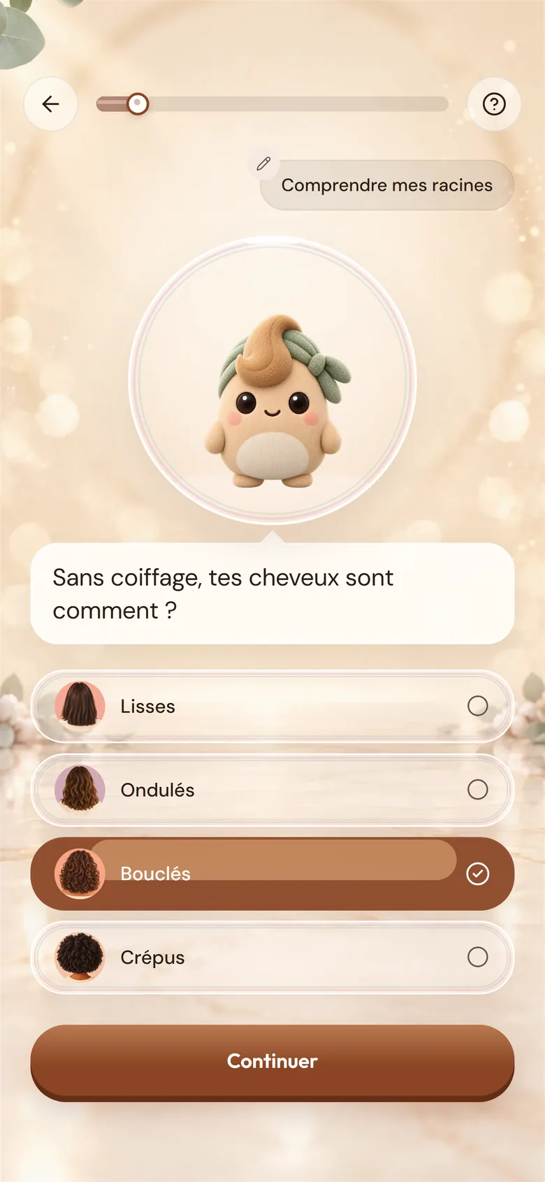 L’accueil de ZYEA demande : « Sans coiffage, tes cheveux sont comment ? », avec Lisses, Ondulés, Bouclés et Crépus.