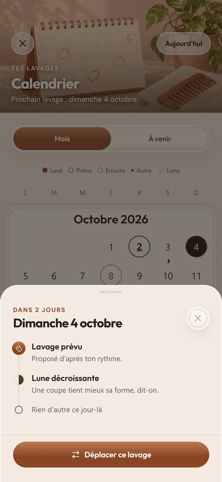 Le calendrier d’octobre avec le lavage prévu le dimanche 4, proposé d’après ton rythme, et la lune du jour.