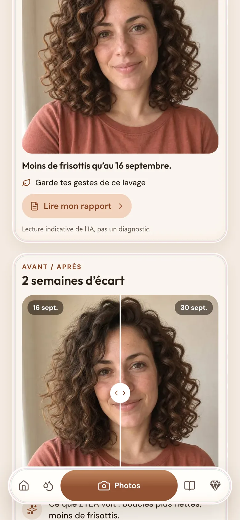 L’écran Photos : la photo du mois, le bouton Lire mon rapport et deux photos comparées à deux semaines d’écart.