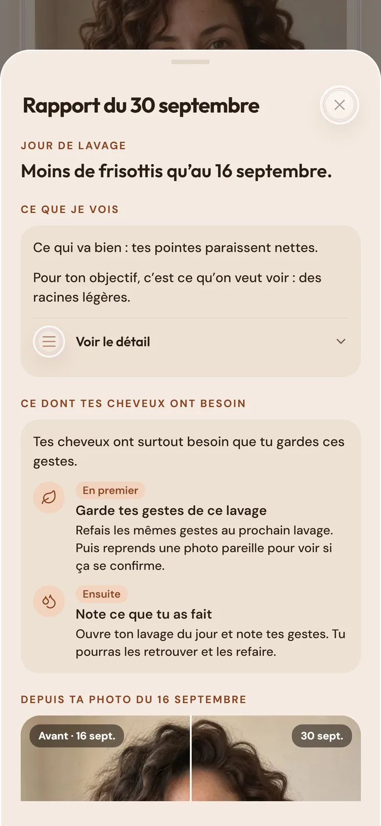 Le rapport d’une photo : ce que je vois, ce dont tes cheveux ont besoin et les gestes à garder.