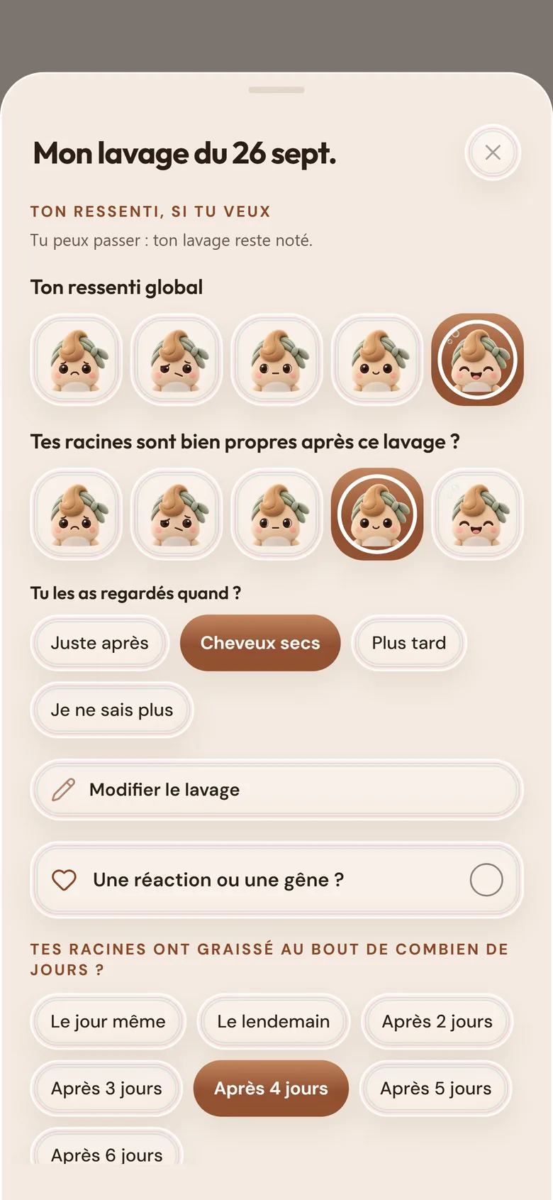 Le ressenti après un lavage : des visages de la mascotte à toucher, et le nombre de jours avant que les racines graissent.